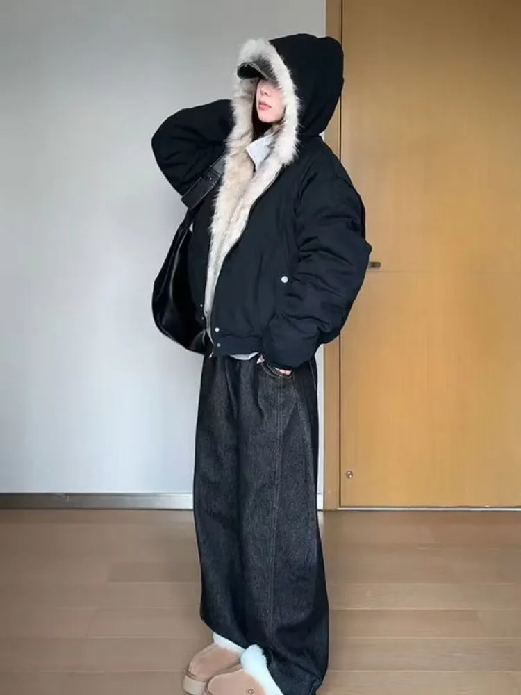 Autumn New Elegant Liner Fur Loose Coat Women Y2k Fur Collar Hood Thick Fashion Parkas Casual Outerwear Cotton Padded Jackets