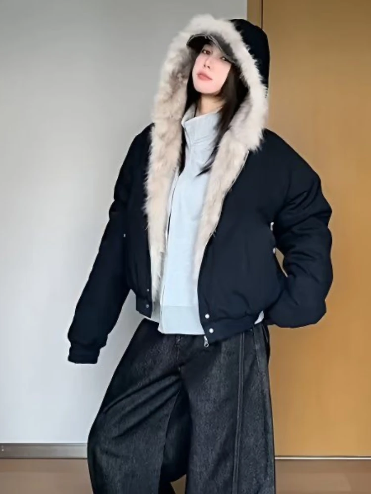 Autumn New Elegant Liner Fur Loose Coat Women Y2k Fur Collar Hood Thick Fashion Parkas Casual Outerwear Cotton Padded Jackets