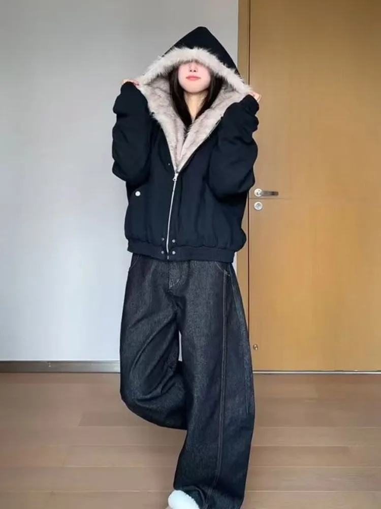 Autumn New Elegant Liner Fur Loose Coat Women Y2k Fur Collar Hood Thick Fashion Parkas Casual Outerwear Cotton Padded Jackets