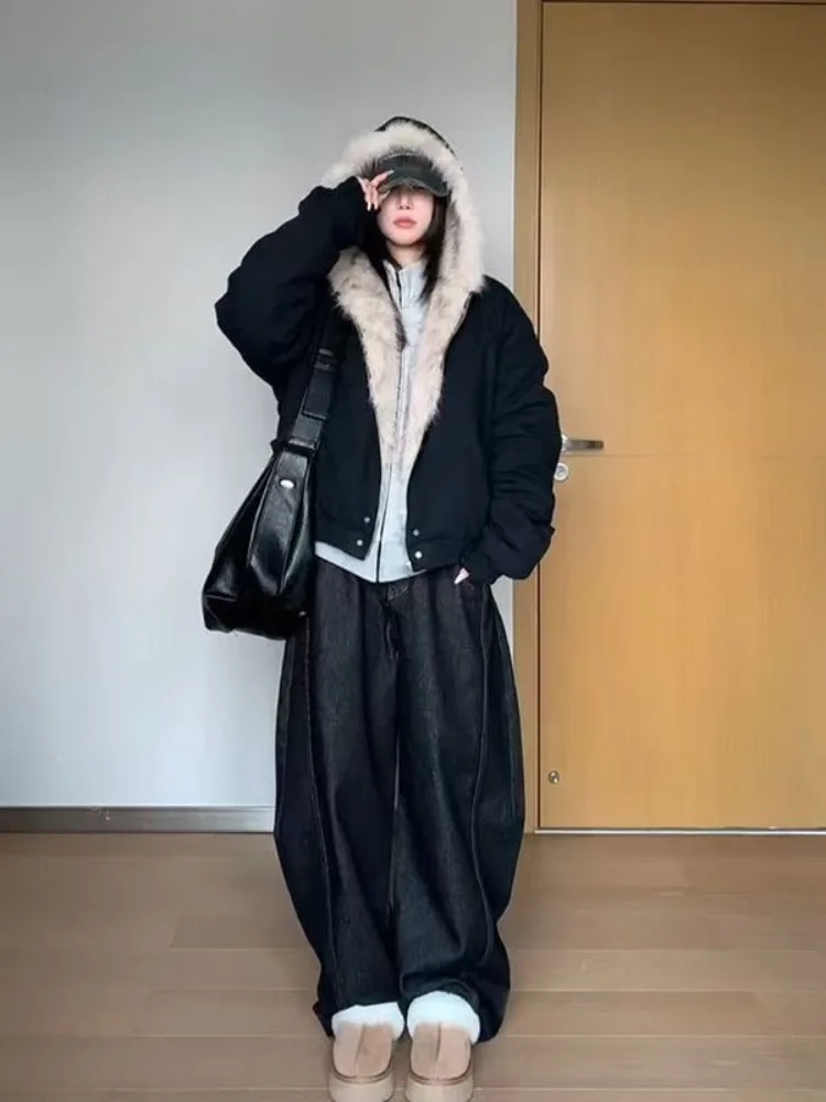 Autumn New Elegant Liner Fur Loose Coat Women Y2k Fur Collar Hood Thick Fashion Parkas Casual Outerwear Cotton Padded Jackets