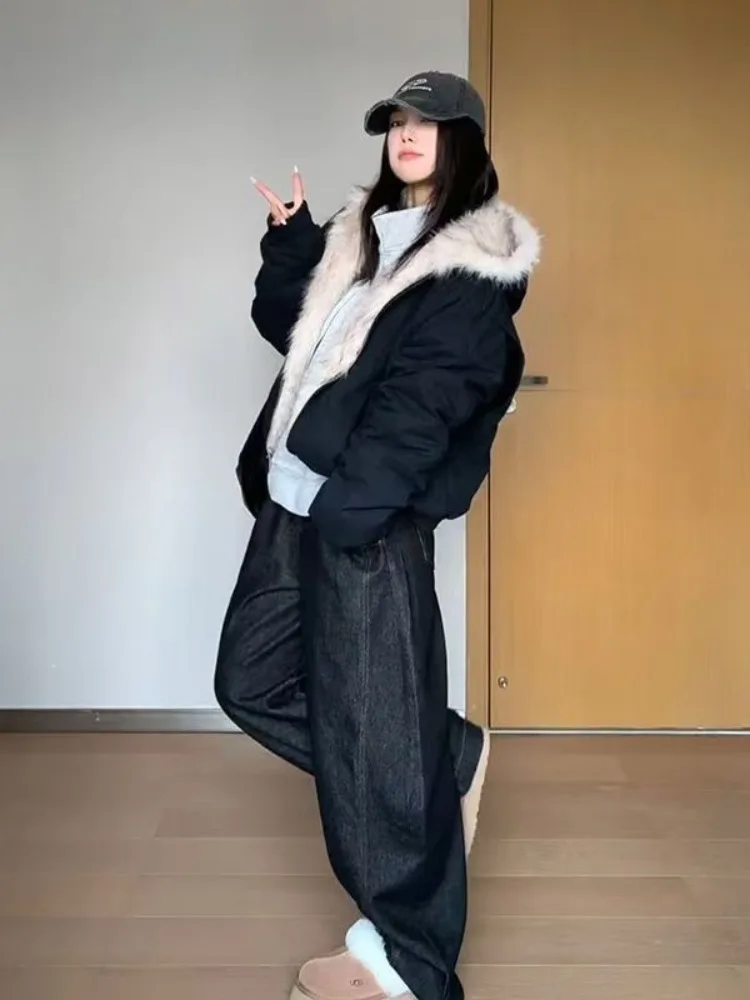 Autumn New Elegant Liner Fur Loose Coat Women Y2k Fur Collar Hood Thick Fashion Parkas Casual Outerwear Cotton Padded Jackets