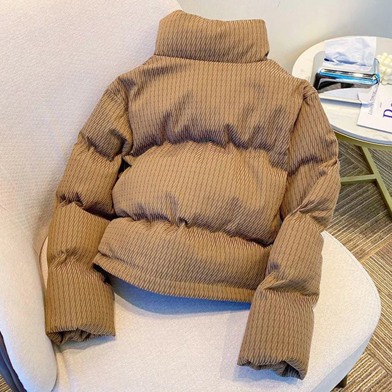 Winter Khaki Thicken Short Parkas Women Loose Zipper Up Warm Parkas Jacket Woman Fashion Button Stand Collar Parka Female