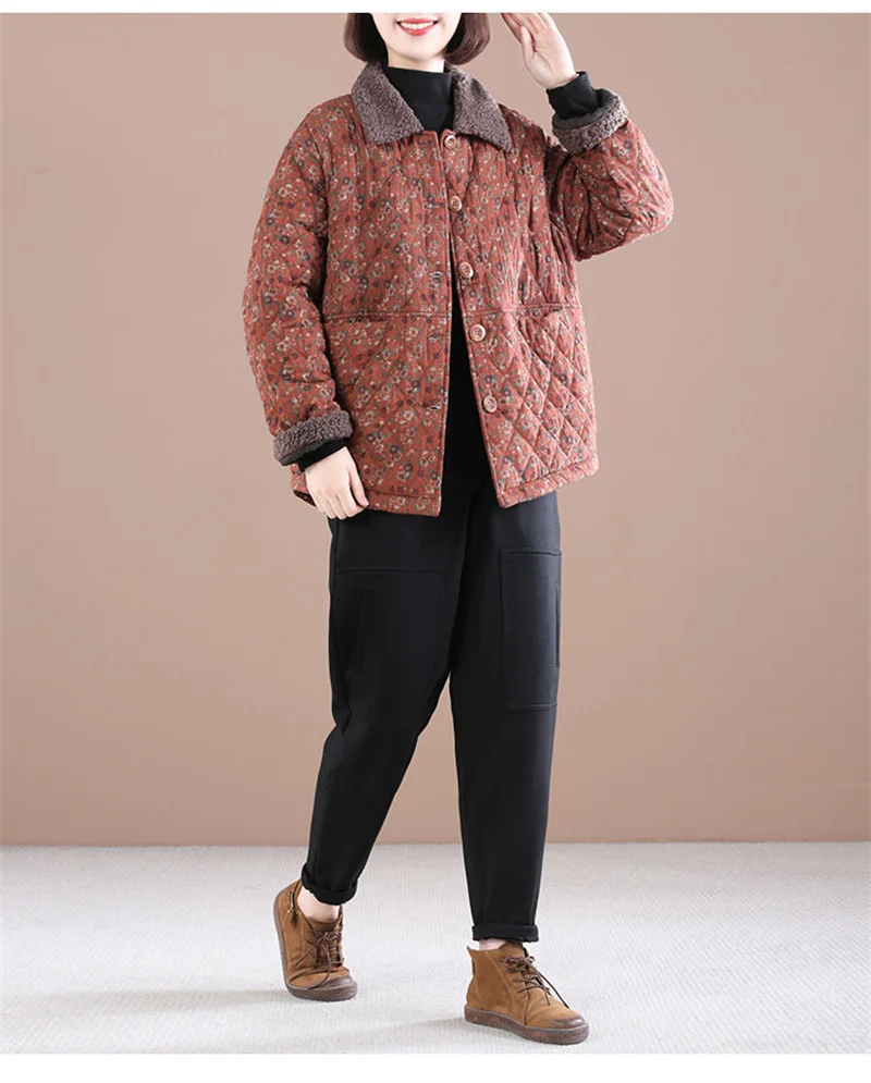 Female Autumn Winter Loose Short Cotton-padded Jacket Women Floral Coat Cotton-padded Jacket Middle-aged Cotton Linen Jacket A21
