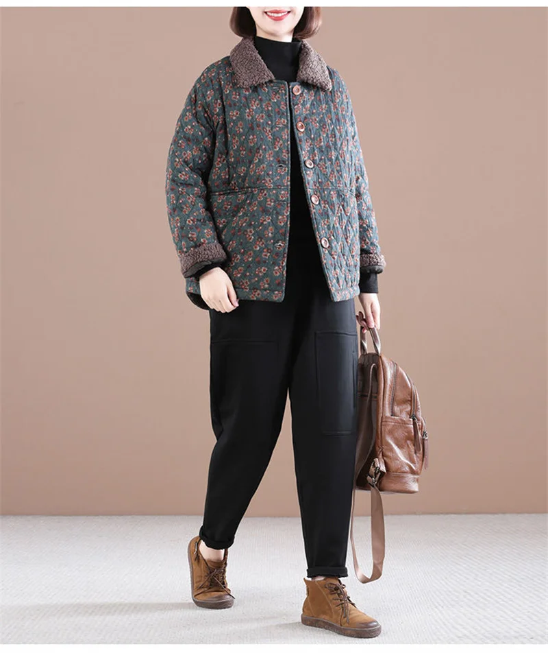 Female Autumn Winter Loose Short Cotton-padded Jacket Women Floral Coat Cotton-padded Jacket Middle-aged Cotton Linen Jacket A21