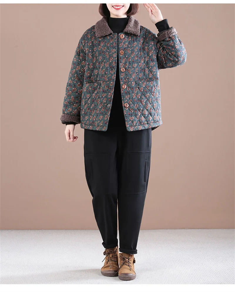 Female Autumn Winter Loose Short Cotton-padded Jacket Women Floral Coat Cotton-padded Jacket Middle-aged Cotton Linen Jacket A21