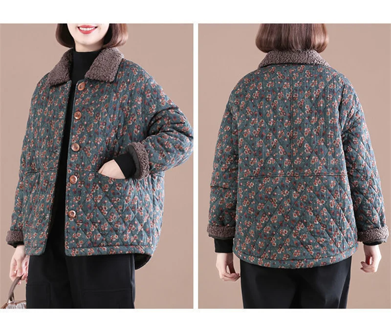 Female Autumn Winter Loose Short Cotton-padded Jacket Women Floral Coat Cotton-padded Jacket Middle-aged Cotton Linen Jacket A21