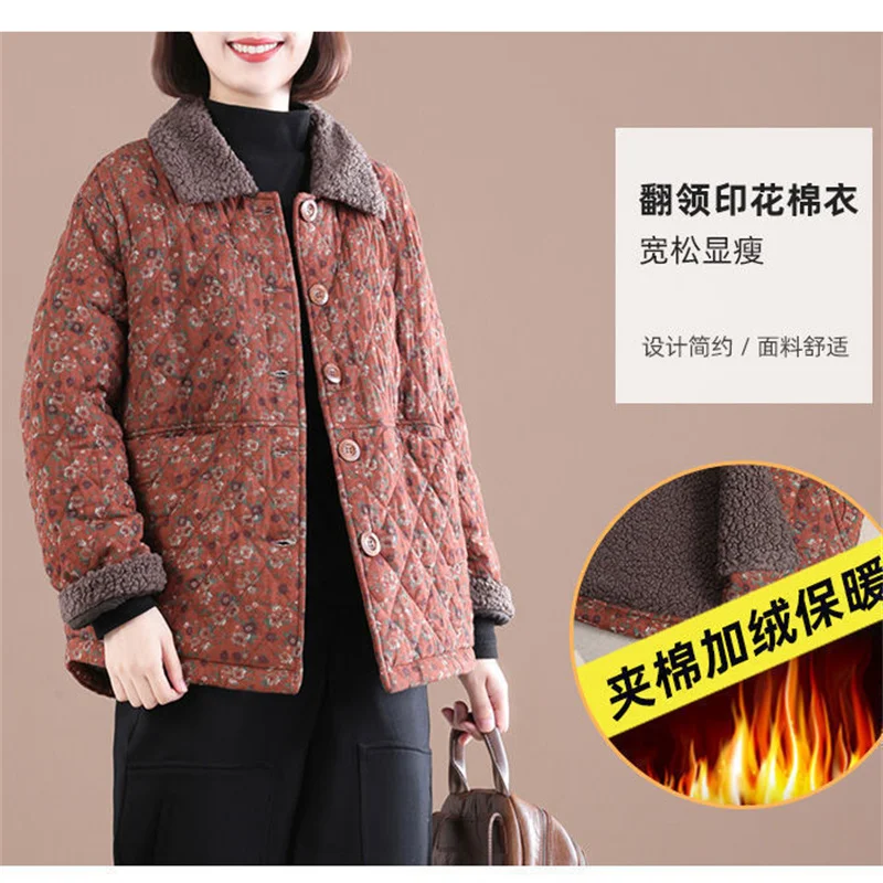 Female Autumn Winter Loose Short Cotton-padded Jacket Women Floral Coat Cotton-padded Jacket Middle-aged Cotton Linen Jacket A21