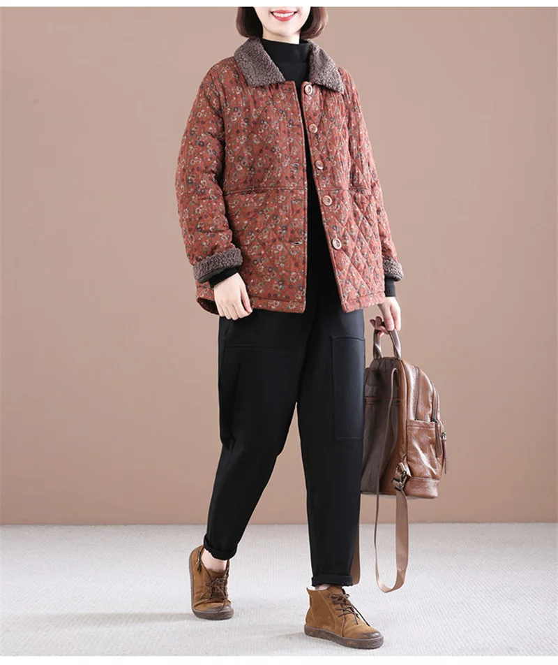 Female Autumn Winter Loose Short Cotton-padded Jacket Women Floral Coat Cotton-padded Jacket Middle-aged Cotton Linen Jacket A21