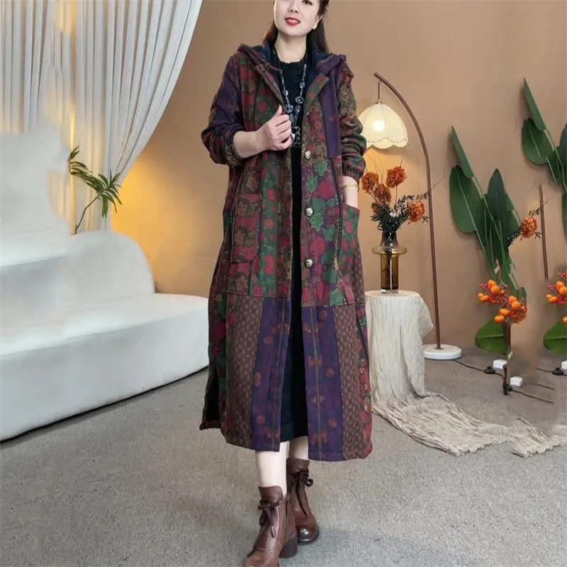 Retro Ladies Hooded Linen Cotton Parkas Jacket Autumn Winter Female Long Sleeves Puffer Coat 2025 Women Print Cotton Padded Tops