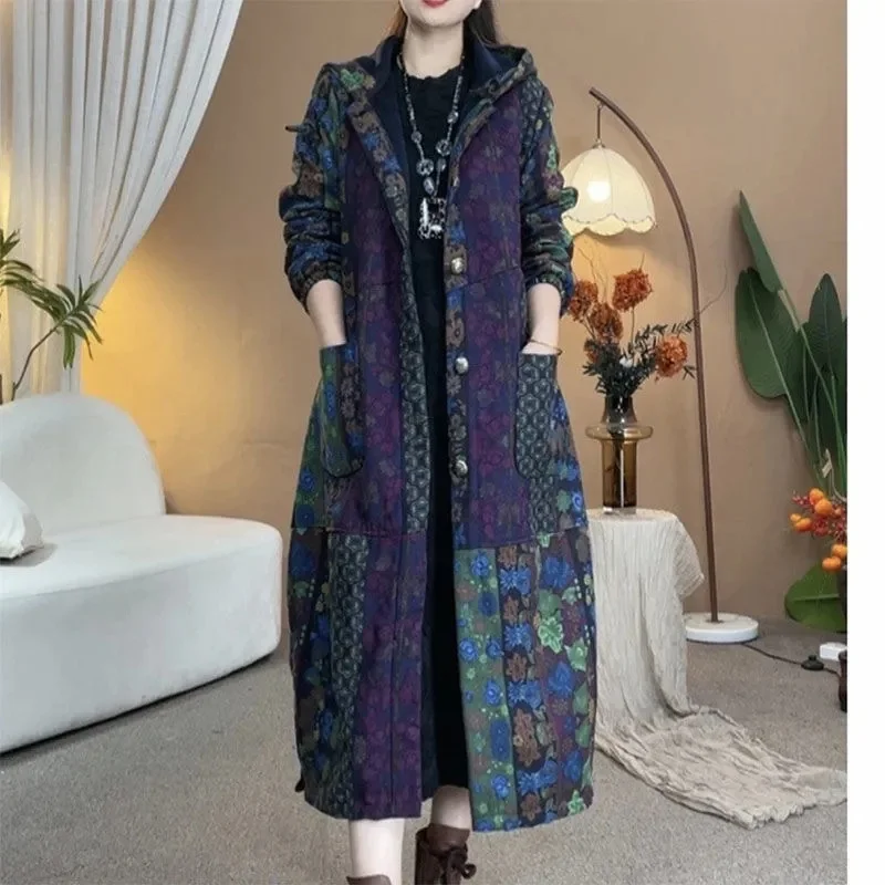 Retro Ladies Hooded Linen Cotton Parkas Jacket Autumn Winter Female Long Sleeves Puffer Coat 2025 Women Print Cotton Padded Tops