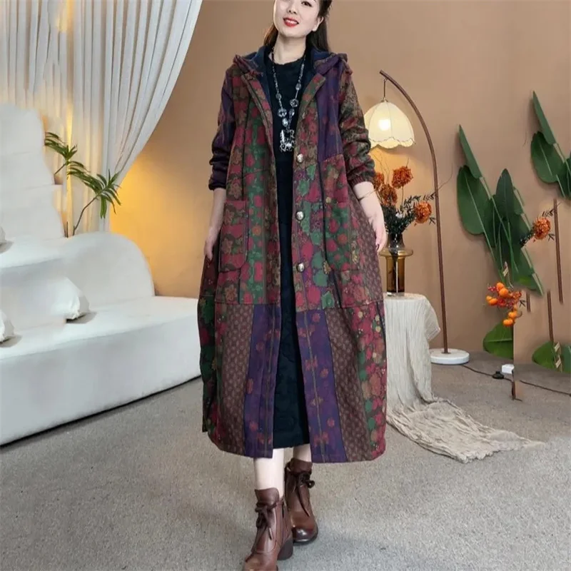 Retro Ladies Hooded Linen Cotton Parkas Jacket Autumn Winter Female Long Sleeves Puffer Coat 2025 Women Print Cotton Padded Tops