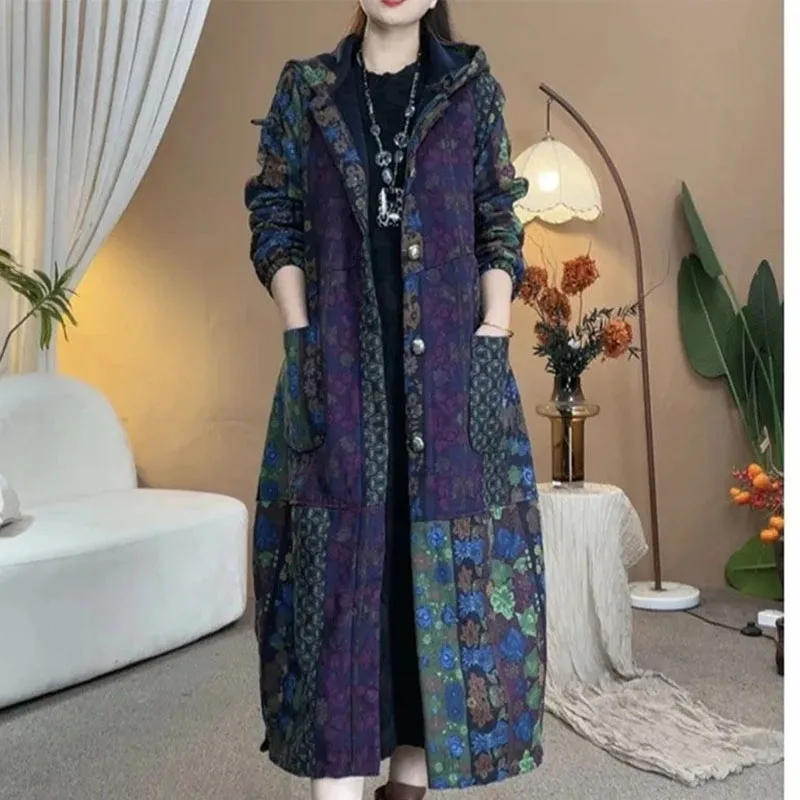 Retro Ladies Hooded Linen Cotton Parkas Jacket Autumn Winter Female Long Sleeves Puffer Coat 2025 Women Print Cotton Padded Tops