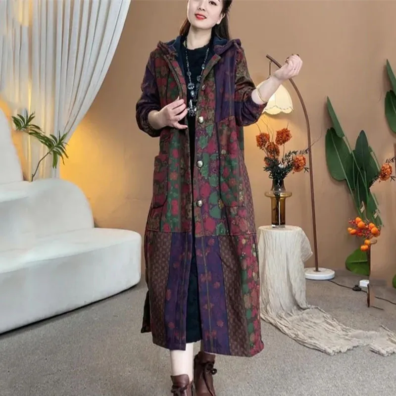 Retro Ladies Hooded Linen Cotton Parkas Jacket Autumn Winter Female Long Sleeves Puffer Coat 2025 Women Print Cotton Padded Tops