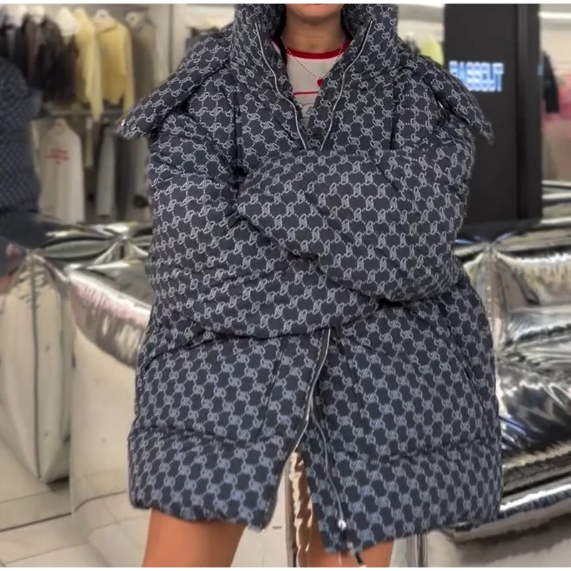 Oversized Puffer Women's Jackets Coat Print Hooded Zipper Parka Coats Loose Mid‑Length Warm Winter Outerwear With Big Pockets
