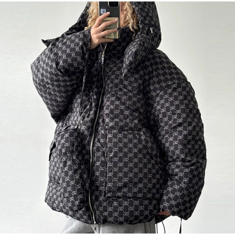 Oversized Puffer Women's Jackets Coat Print Hooded Zipper Parka Coats Loose Mid‑Length Warm Winter Outerwear With Big Pockets