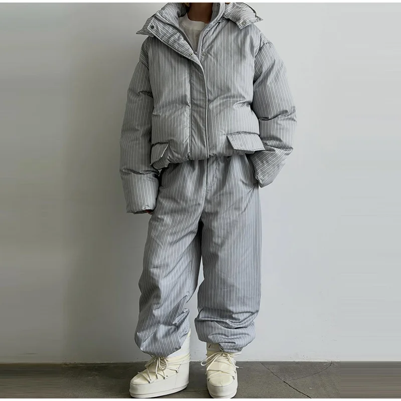 Oversized Puffer Women's Jackets Coat Print Hooded Zipper Parka Coats Loose Mid‑Length Warm Winter Outerwear With Big Pockets