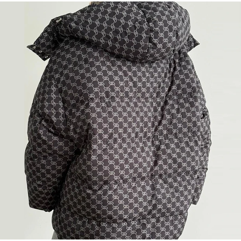 Oversized Puffer Women's Jackets Coat Print Hooded Zipper Parka Coats Loose Mid‑Length Warm Winter Outerwear With Big Pockets