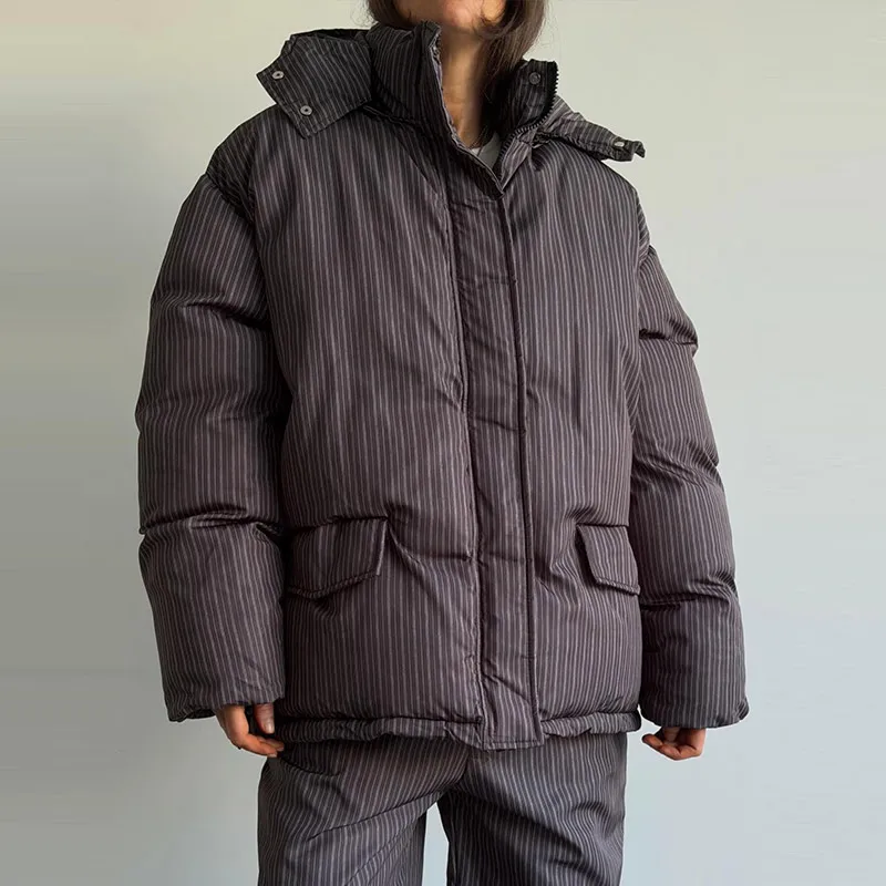 Oversized Puffer Women's Jackets Coat Print Hooded Zipper Parka Coats Loose Mid‑Length Warm Winter Outerwear With Big Pockets