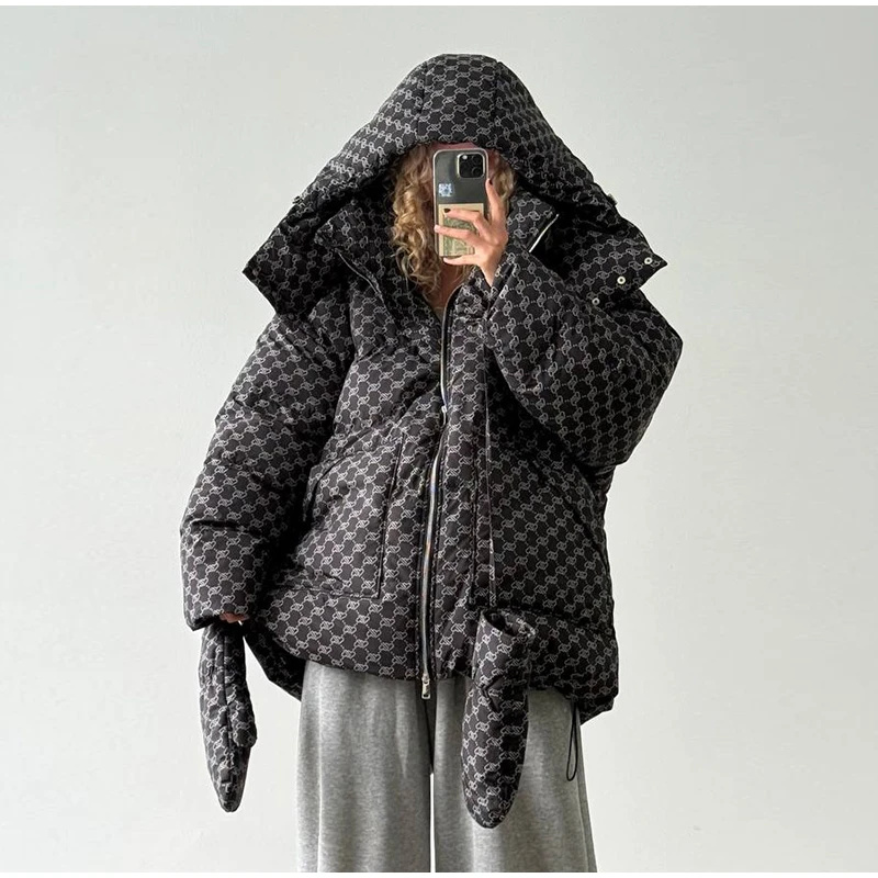 Oversized Puffer Women's Jackets Coat Print Hooded Zipper Parka Coats Loose Mid‑Length Warm Winter Outerwear With Big Pockets