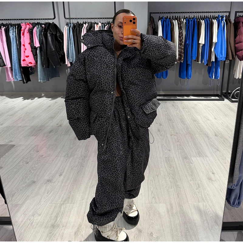 Oversized Puffer Women's Jackets Coat Print Hooded Zipper Parka Coats Loose Mid‑Length Warm Winter Outerwear With Big Pockets