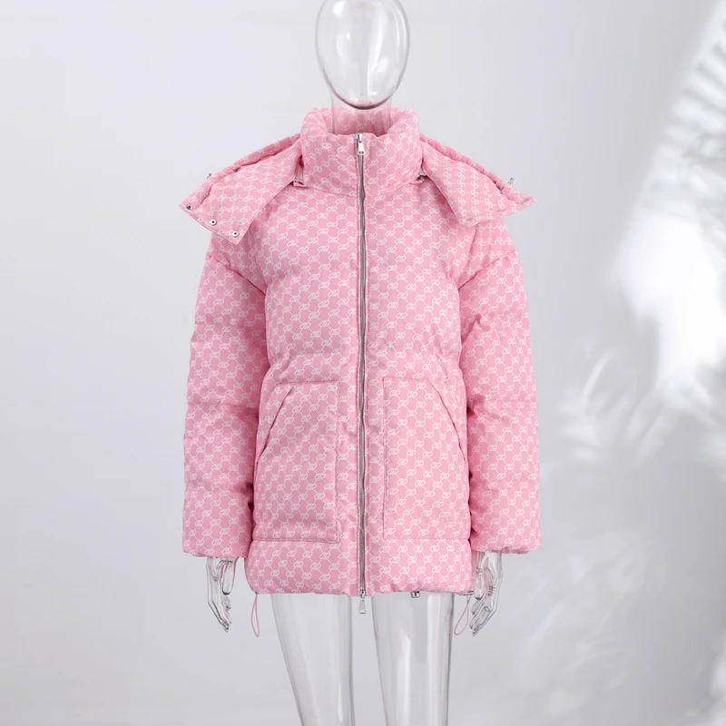 Oversized Puffer Women's Jackets Coat Print Hooded Zipper Parka Coats Loose Mid‑Length Warm Winter Outerwear With Big Pockets