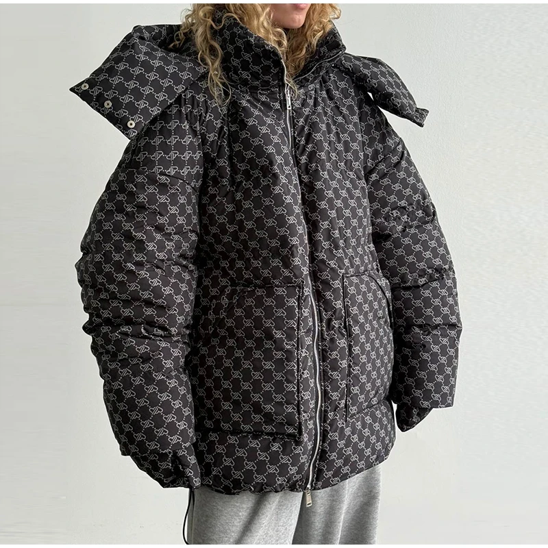 Oversized Puffer Women's Jackets Coat Print Hooded Zipper Parka Coats Loose Mid‑Length Warm Winter Outerwear With Big Pockets