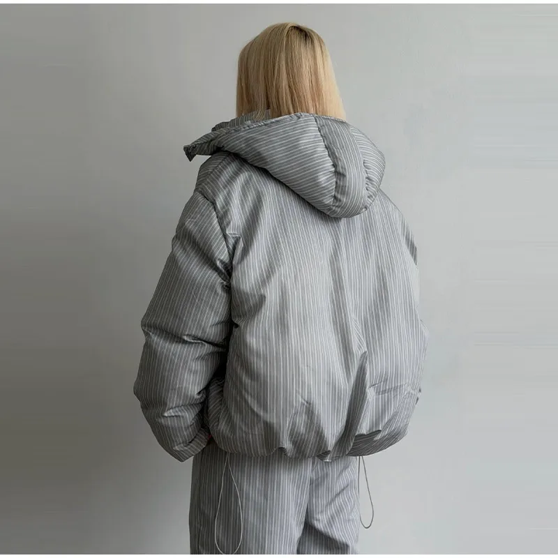 Oversized Puffer Women's Jackets Coat Print Hooded Zipper Parka Coats Loose Mid‑Length Warm Winter Outerwear With Big Pockets