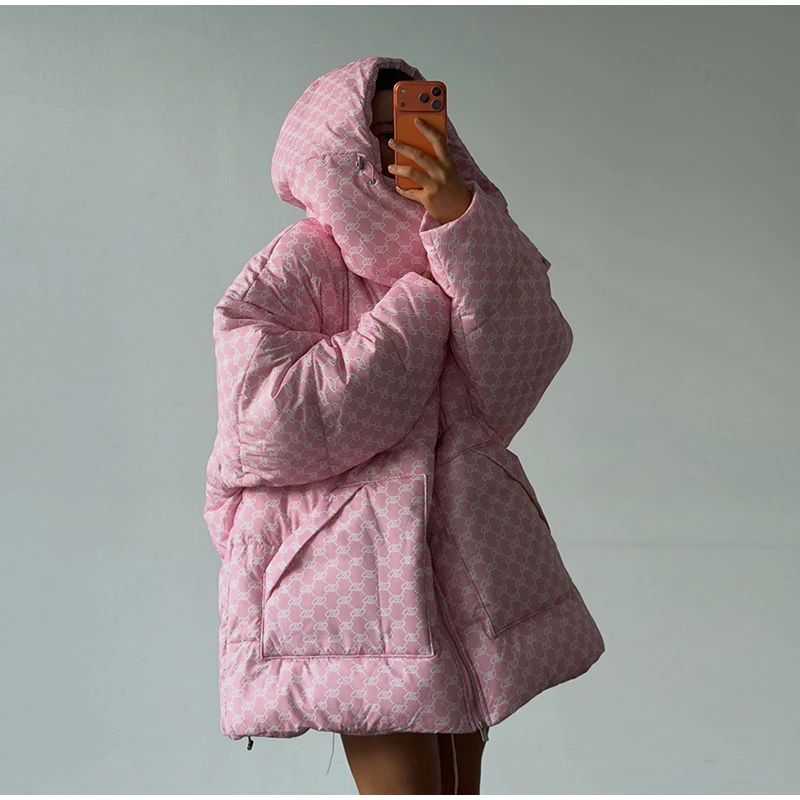 Oversized Puffer Women's Jackets Coat Print Hooded Zipper Parka Coats Loose Mid‑Length Warm Winter Outerwear With Big Pockets