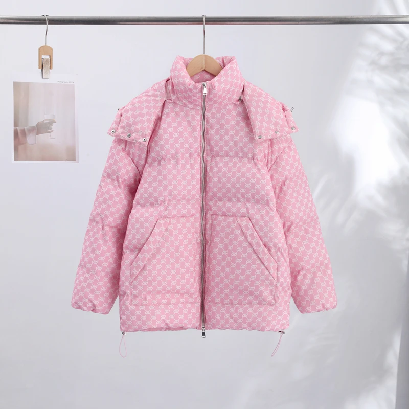 Oversized Puffer Women's Jackets Coat Print Hooded Zipper Parka Coats Loose Mid‑Length Warm Winter Outerwear With Big Pockets