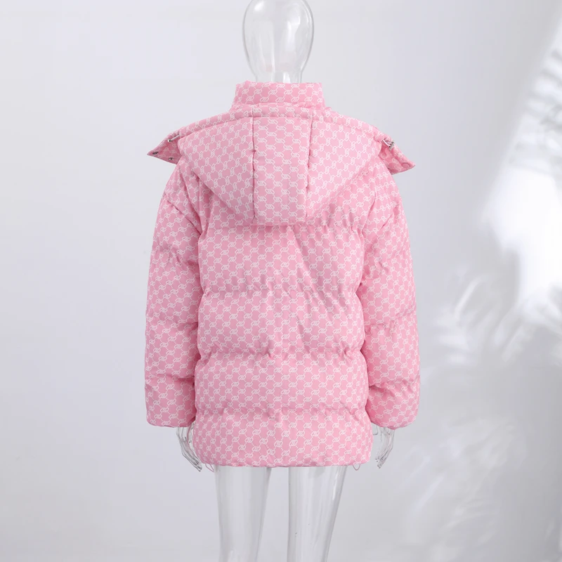 Oversized Puffer Women's Jackets Coat Print Hooded Zipper Parka Coats Loose Mid‑Length Warm Winter Outerwear With Big Pockets