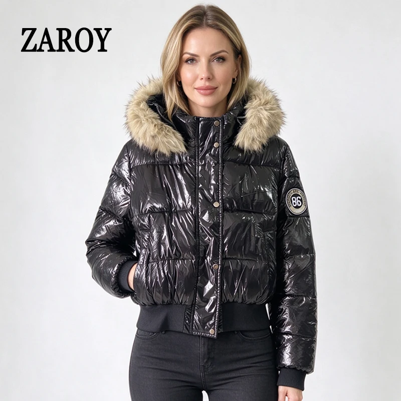 ZAROY Faux Fur Hooded Cotton Puffer Jacket Women Winter Quilted Zipper Pocket Coat Y2K Retro Padded Parkas High Street Outerwear