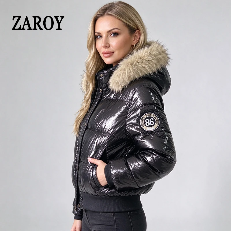 ZAROY Faux Fur Hooded Cotton Puffer Jacket Women Winter Quilted Zipper Pocket Coat Y2K Retro Padded Parkas High Street Outerwear