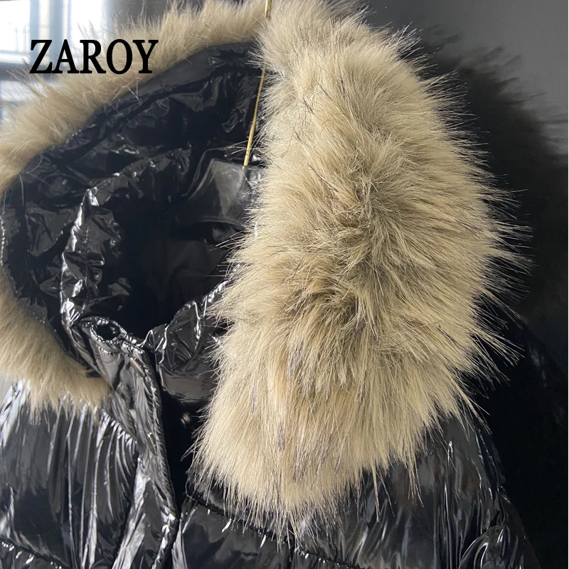 ZAROY Faux Fur Hooded Cotton Puffer Jacket Women Winter Quilted Zipper Pocket Coat Y2K Retro Padded Parkas High Street Outerwear