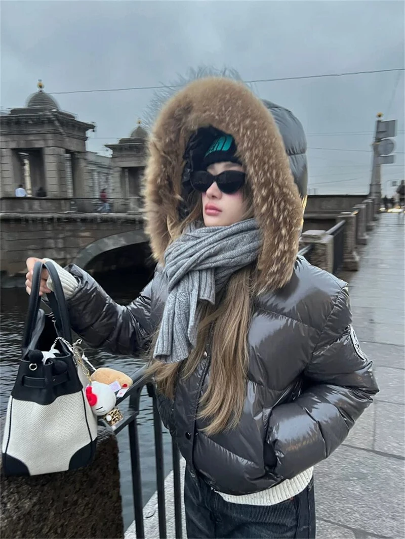 ZAROY Faux Fur Hooded Cotton Puffer Jacket Women Winter Quilted Zipper Pocket Coat Y2K Retro Padded Parkas High Street Outerwear