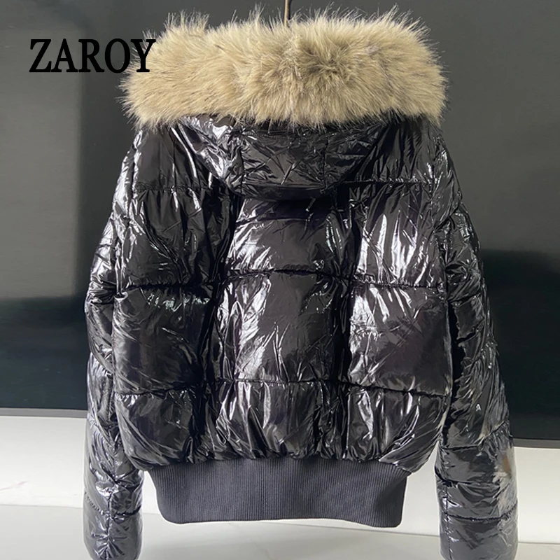 ZAROY Faux Fur Hooded Cotton Puffer Jacket Women Winter Quilted Zipper Pocket Coat Y2K Retro Padded Parkas High Street Outerwear