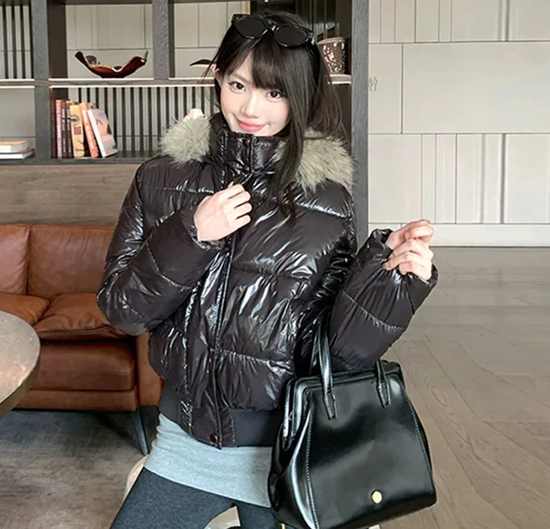 ZAROY Faux Fur Hooded Cotton Puffer Jacket Women Winter Quilted Zipper Pocket Coat Y2K Retro Padded Parkas High Street Outerwear