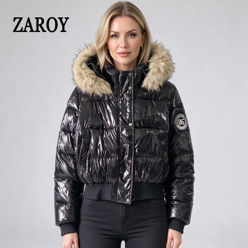ZAROY Faux Fur Hooded Cotton Puffer Jacket Women Winter Quilted Zipper Pocket Coat Y2K Retro Padded Parkas High Street Outerwear