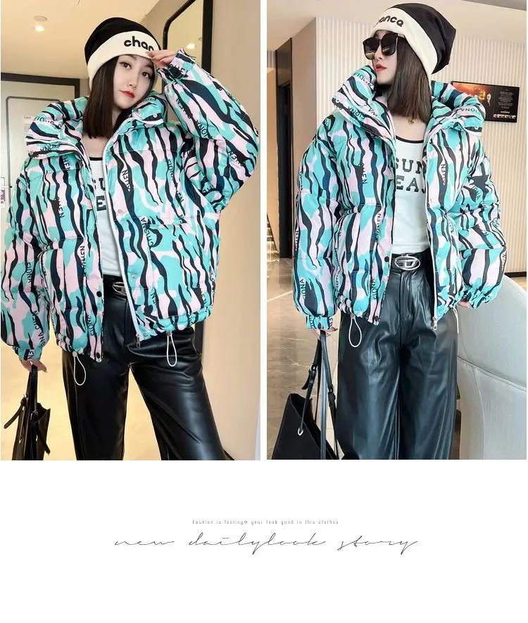 2026 Winter New Print Cotton Jacket Women Streetwear Female Warm Parkas Hooded Down cotton Coat Korea Loose Short Bread Outwear