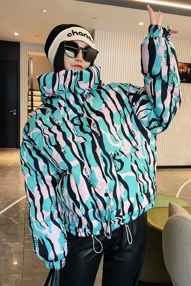 2026 Winter New Print Cotton Jacket Women Streetwear Female Warm Parkas Hooded Down cotton Coat Korea Loose Short Bread Outwear