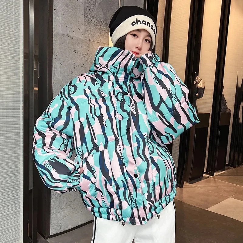 2026 Winter New Print Cotton Jacket Women Streetwear Female Warm Parkas Hooded Down cotton Coat Korea Loose Short Bread Outwear