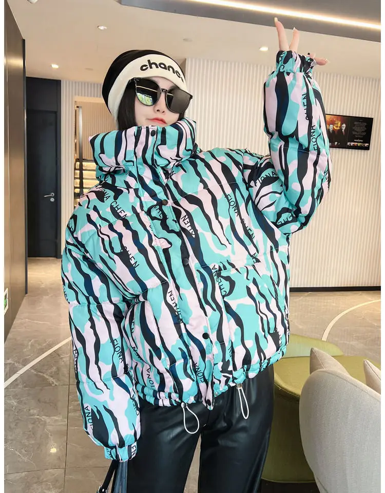 2026 Winter New Print Cotton Jacket Women Streetwear Female Warm Parkas Hooded Down cotton Coat Korea Loose Short Bread Outwear