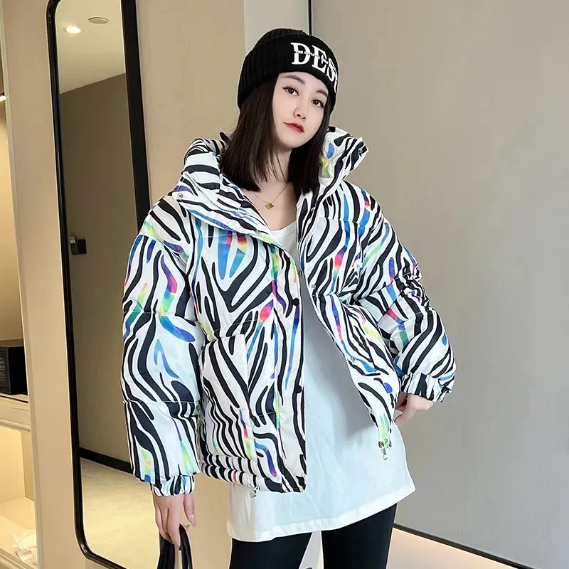 2026 Winter New Print Cotton Jacket Women Streetwear Female Warm Parkas Hooded Down cotton Coat Korea Loose Short Bread Outwear