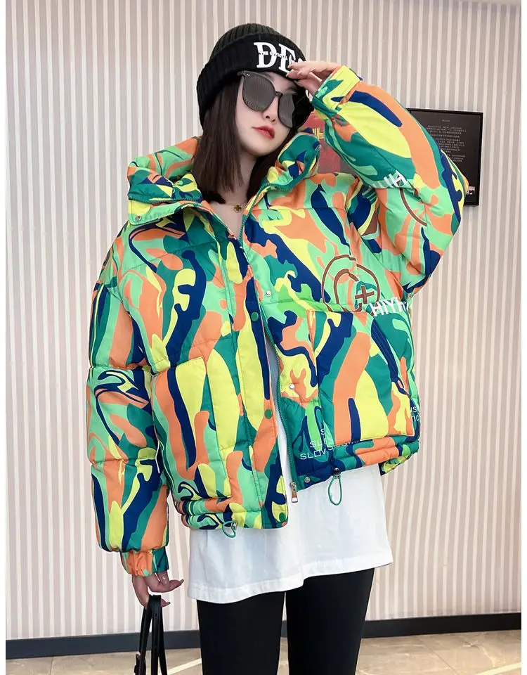 2026 Winter New Print Cotton Jacket Women Streetwear Female Warm Parkas Hooded Down cotton Coat Korea Loose Short Bread Outwear