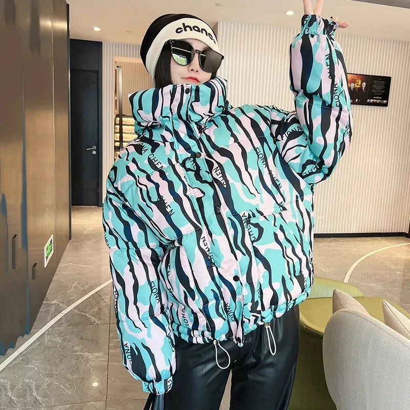 2026 Winter New Print Cotton Jacket Women Streetwear Female Warm Parkas Hooded Down cotton Coat Korea Loose Short Bread Outwear