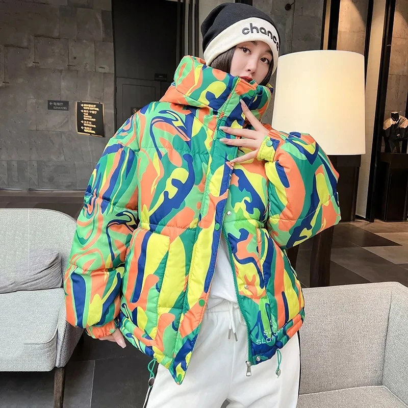 2026 Winter New Print Cotton Jacket Women Streetwear Female Warm Parkas Hooded Down cotton Coat Korea Loose Short Bread Outwear