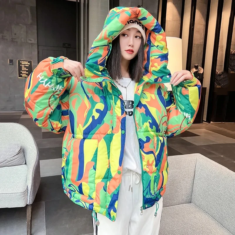 2026 Winter New Print Cotton Jacket Women Streetwear Female Warm Parkas Hooded Down cotton Coat Korea Loose Short Bread Outwear