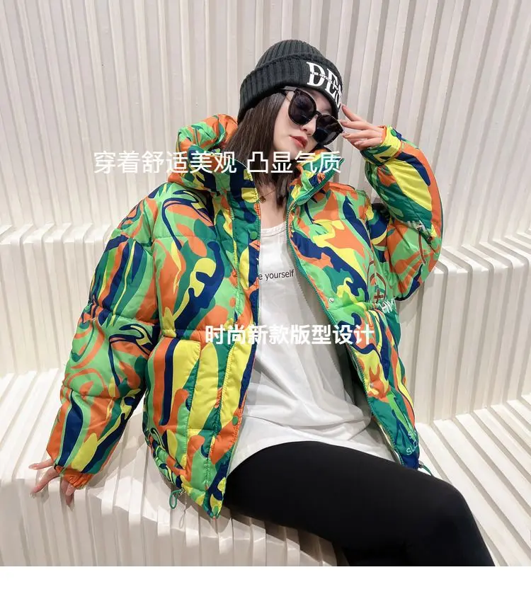 2026 Winter New Print Cotton Jacket Women Streetwear Female Warm Parkas Hooded Down cotton Coat Korea Loose Short Bread Outwear