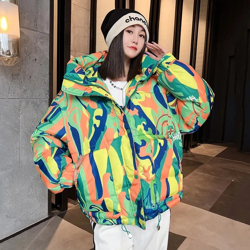 2026 Winter New Print Cotton Jacket Women Streetwear Female Warm Parkas Hooded Down cotton Coat Korea Loose Short Bread Outwear
