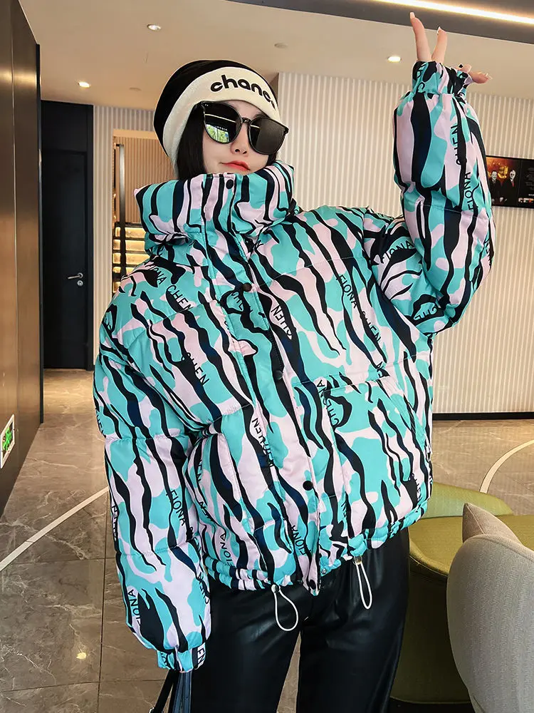 2026 Winter New Print Cotton Jacket Women Streetwear Female Warm Parkas Hooded Down cotton Coat Korea Loose Short Bread Outwear