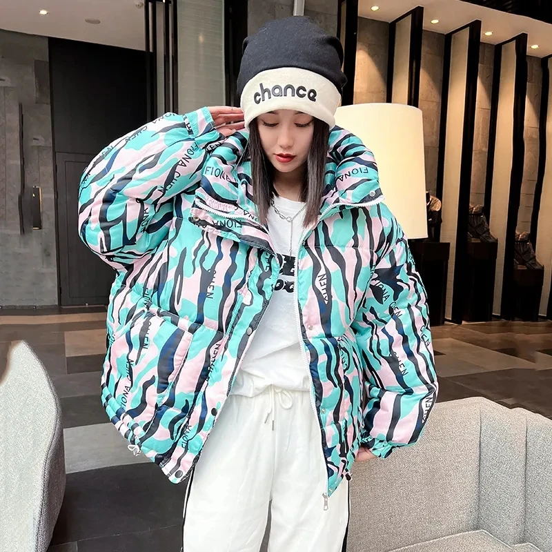 2026 Winter New Print Cotton Jacket Women Streetwear Female Warm Parkas Hooded Down cotton Coat Korea Loose Short Bread Outwear